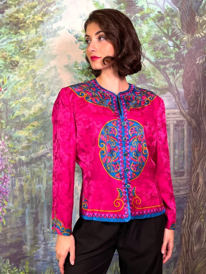 Vintage Silk Fuchsia and Blue Oriental Inspired Light Jacket