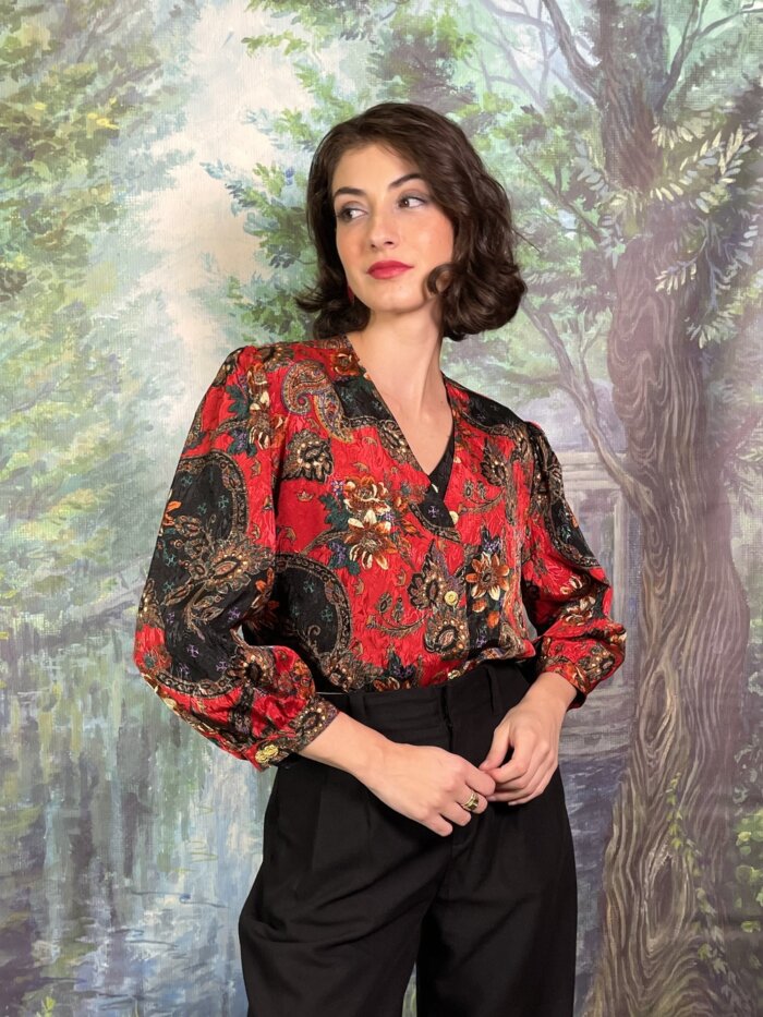 Vintage Jacquard Red Paisley Blouse with Floral Print