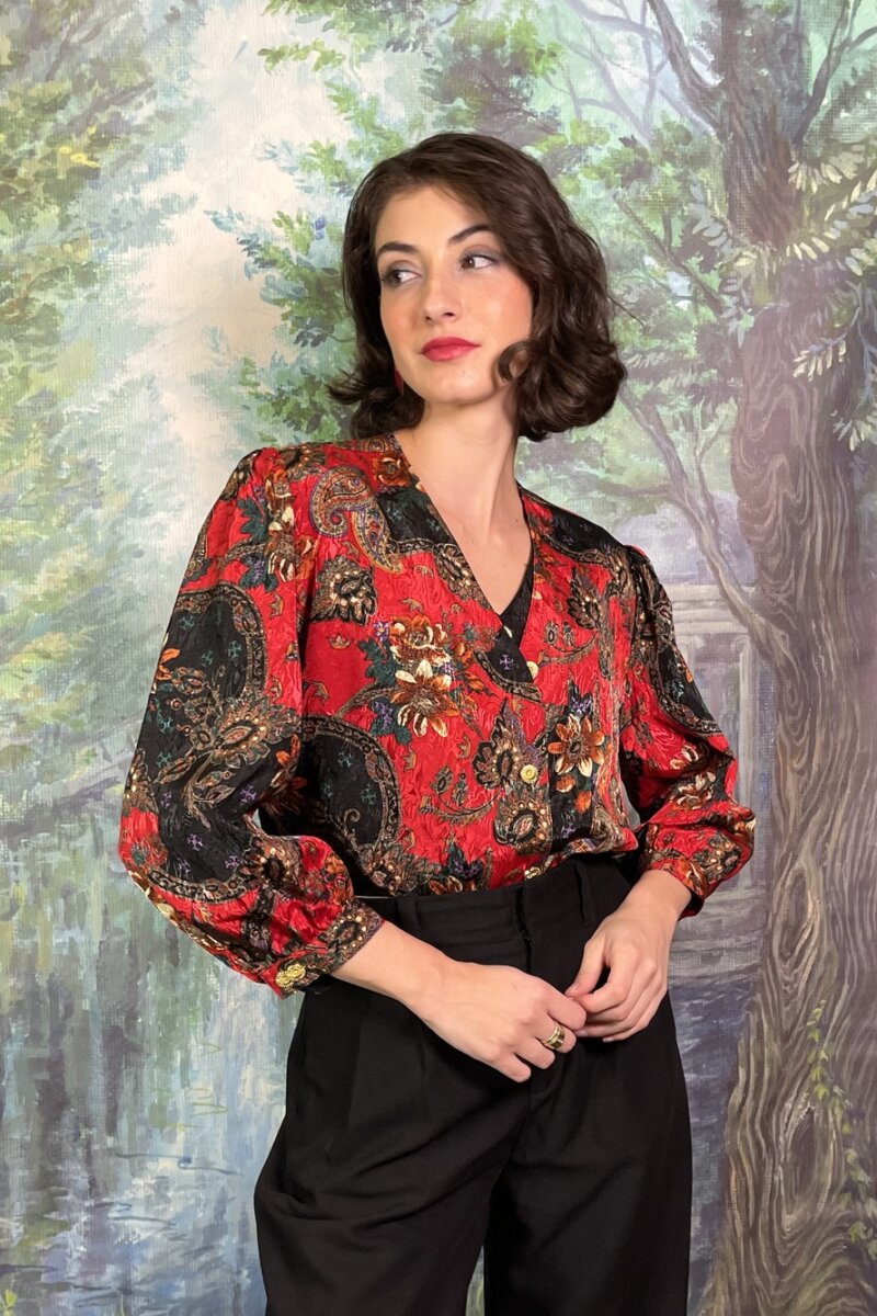 Vintage Jacquard Red Paisley Blouse with Floral Print