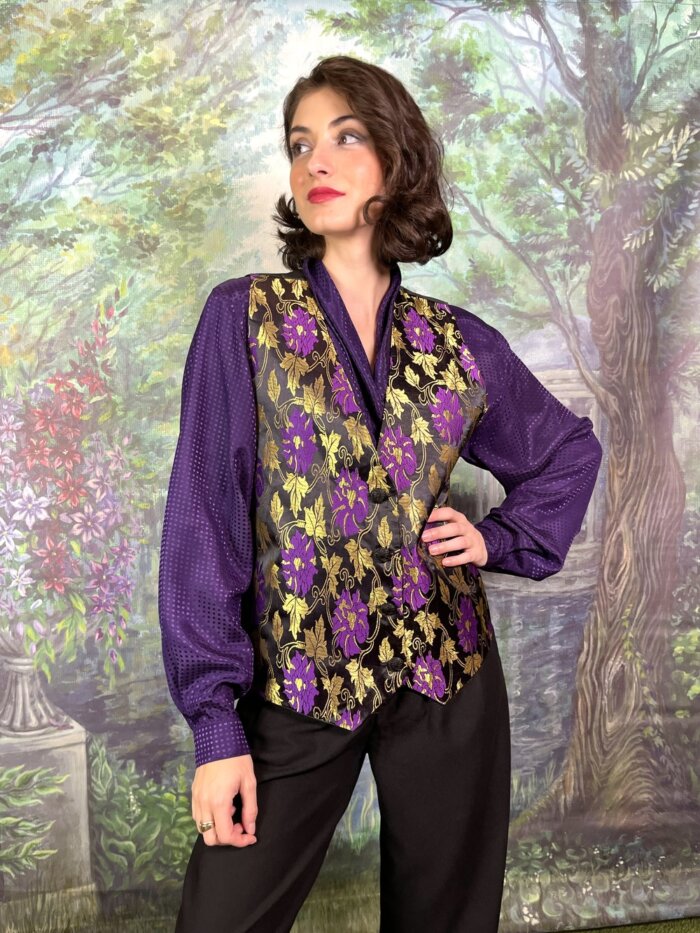 Vintage Black and Purple Brocade Vest with Gold Floral Pattern