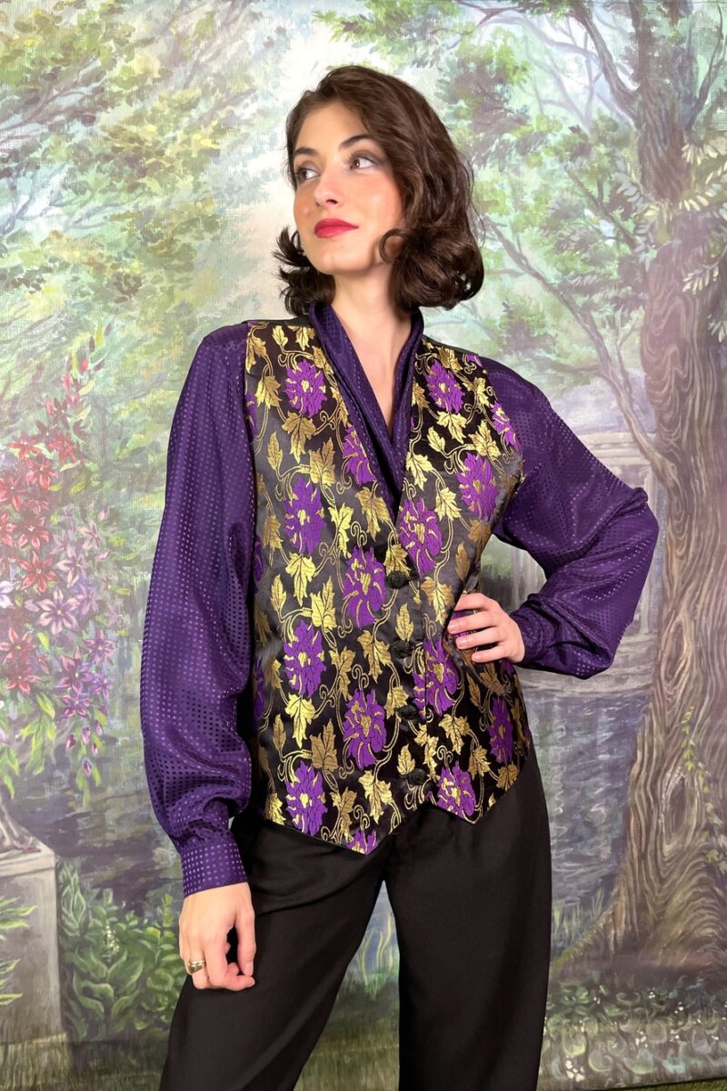 Vintage Black and Purple Brocade Vest with Gold Floral Pattern