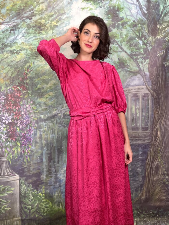 80s Vintage Fuchsia Jacquard Dress with Belt