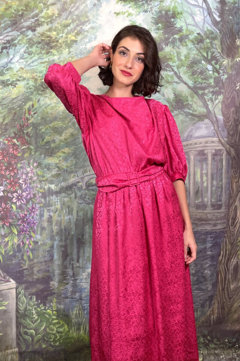 80s Vintage Fuchsia Jacquard Dress with Belt