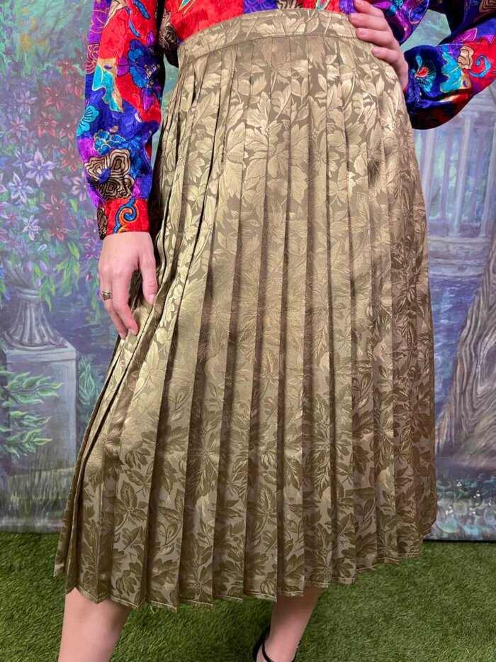 Vintage Pleated Gold Jacquard Midi Skirt
