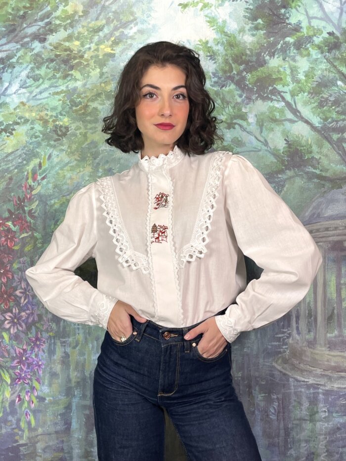 Vintage Austrian White Embroidered Alpine Blouse with Lace Trim