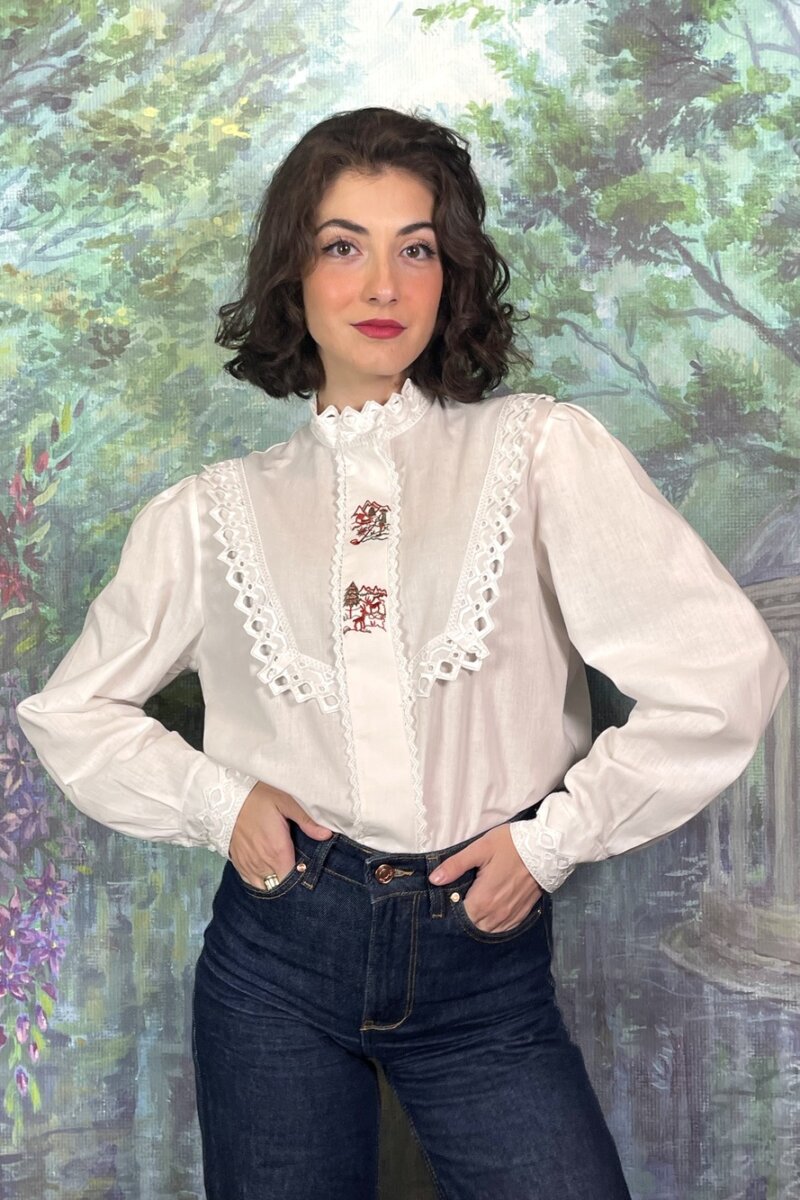 Vintage Austrian White Embroidered Alpine Blouse with Lace Trim