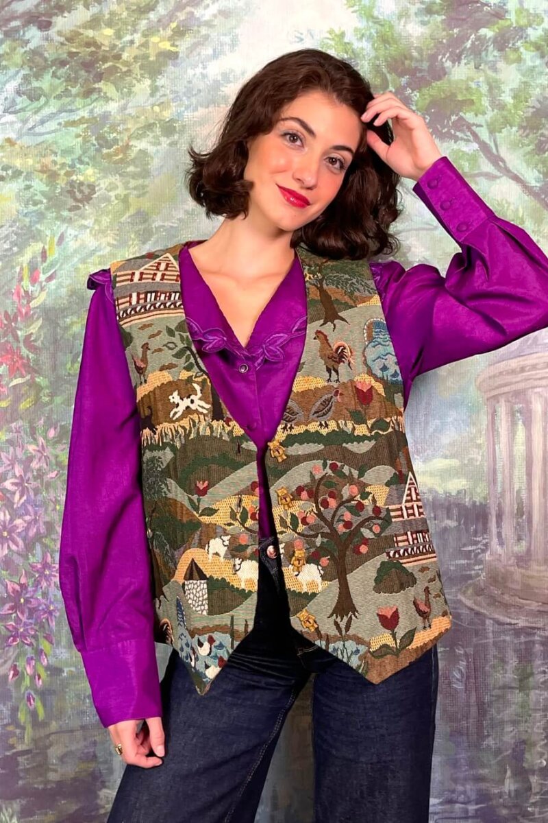 Vintage Austrian Tapestry Vest with Farmhouse Motif