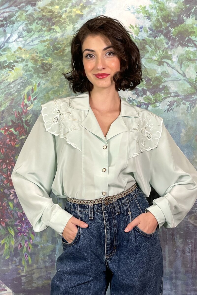 Vintage Embroidered Mint Green Blouse
