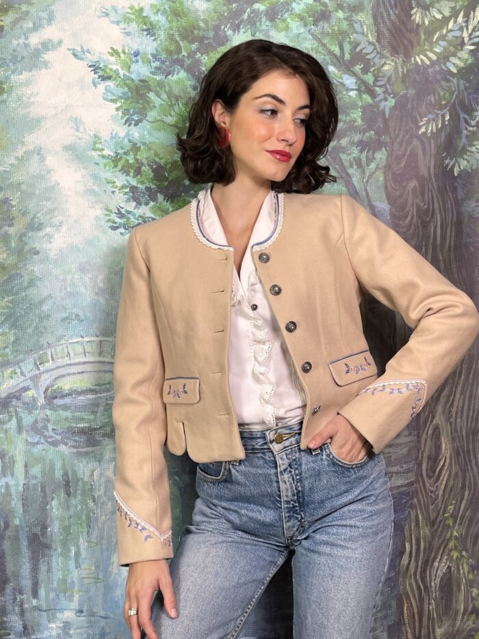 Vintage Beige Wool Jacket with Floral Embroidery