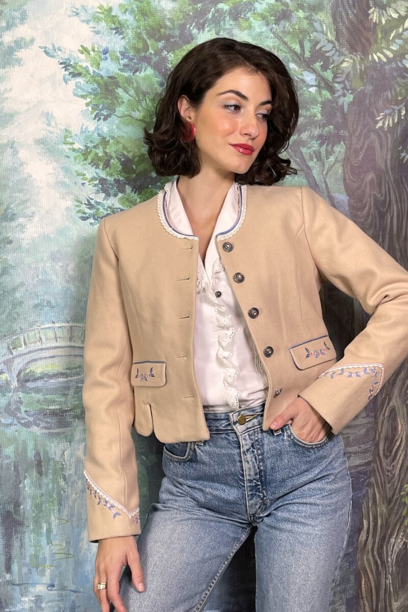Vintage Beige Wool Jacket with Floral Embroidery