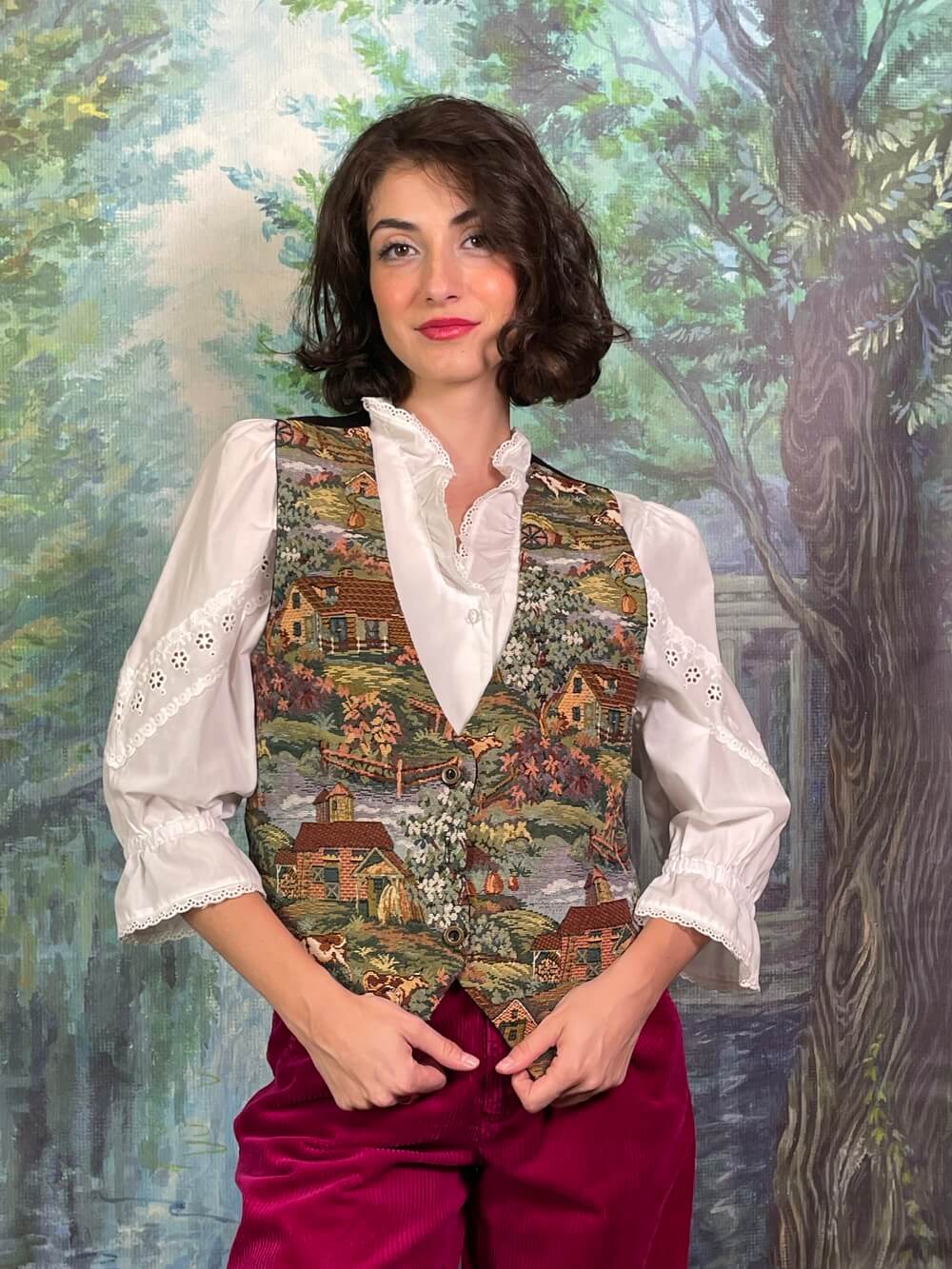 Vintage Tapestry Village Scene Vest with Cows