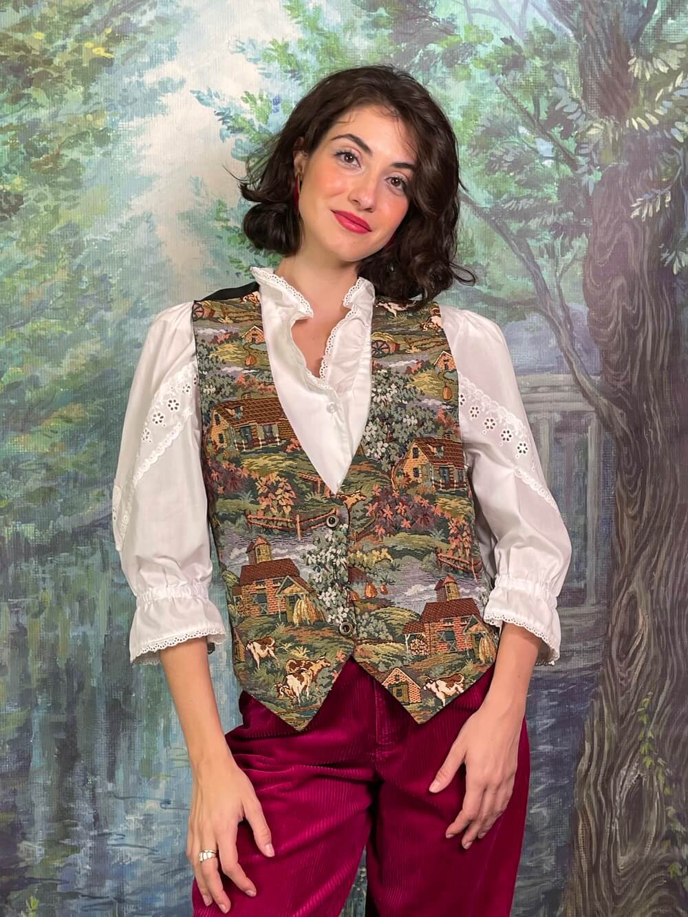 Vintage Tapestry Village Scene Vest with Cows
