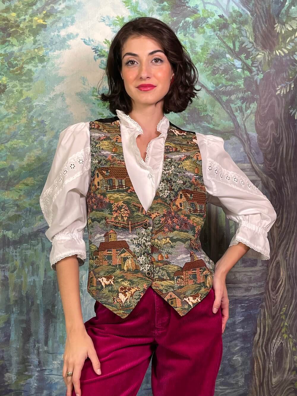 Vintage Tapestry Village Scene Vest with Cows