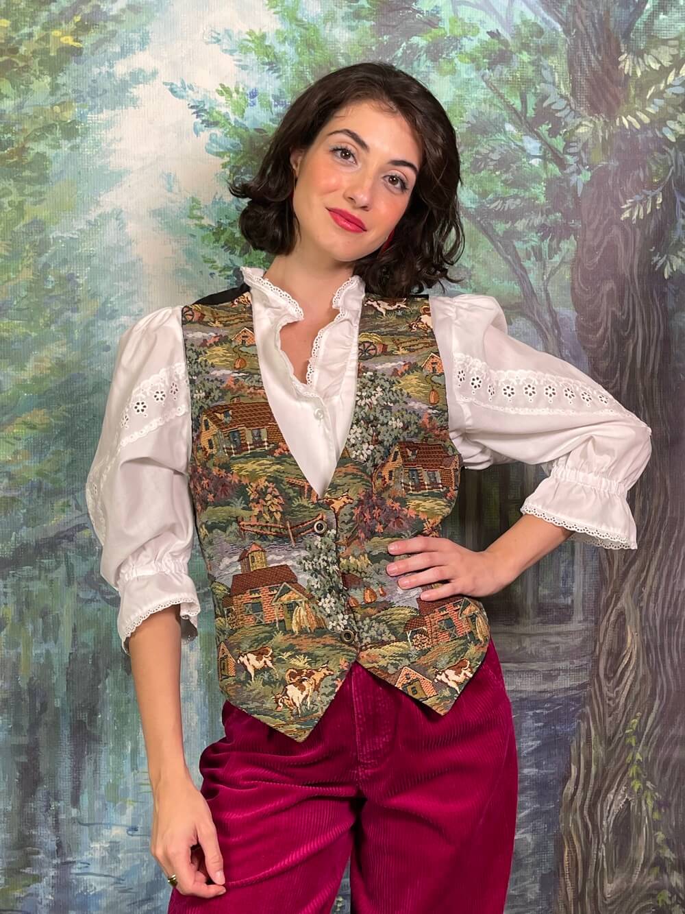 Vintage Tapestry Village Scene Vest with Cows