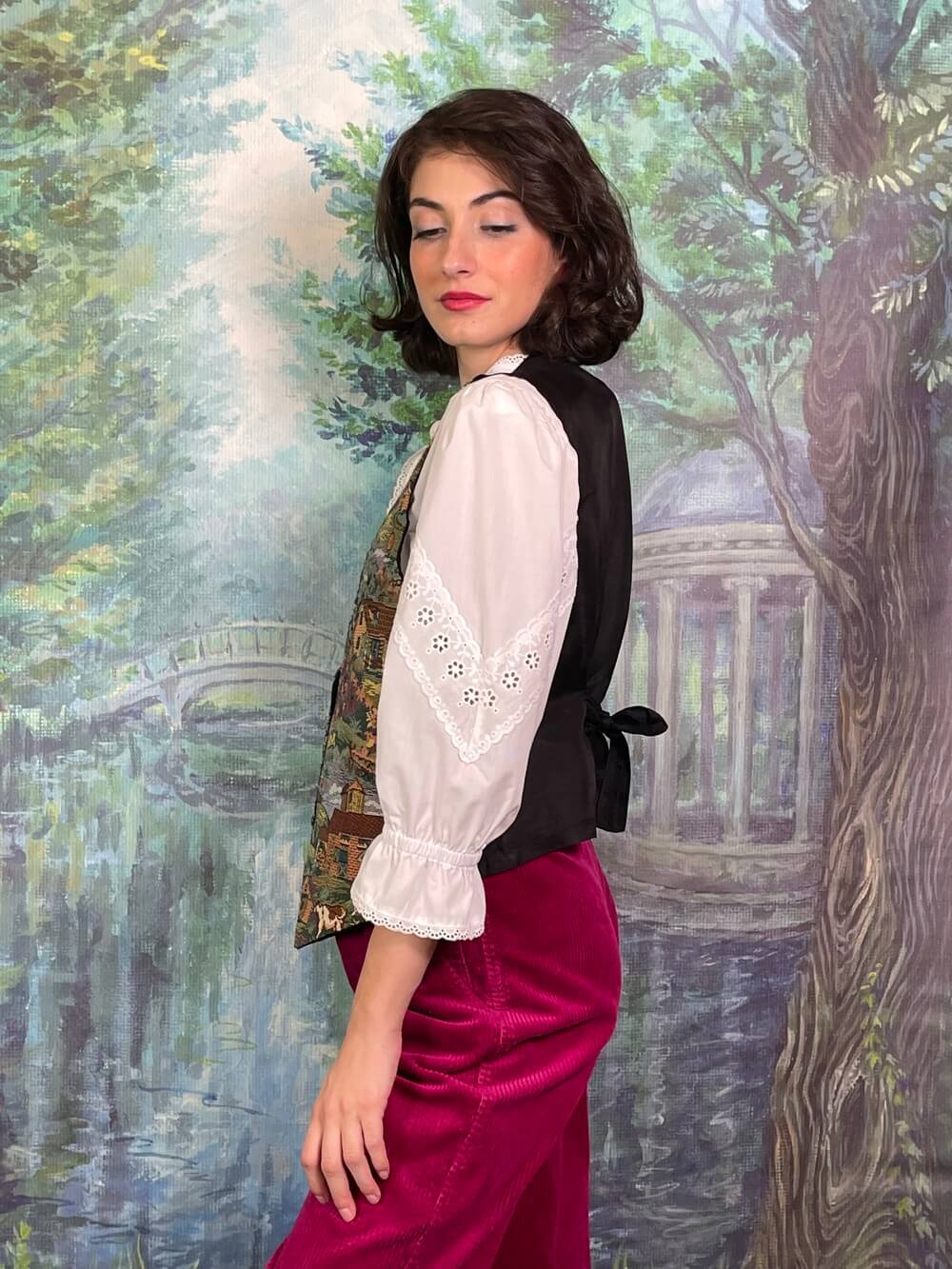 Vintage Tapestry Village Scene Vest with Cows