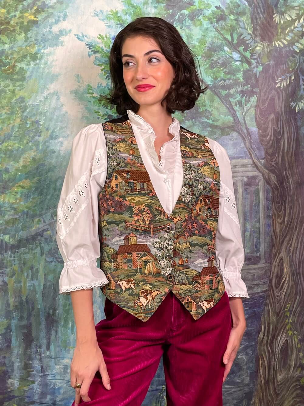 Vintage Tapestry Village Scene Vest with Cows