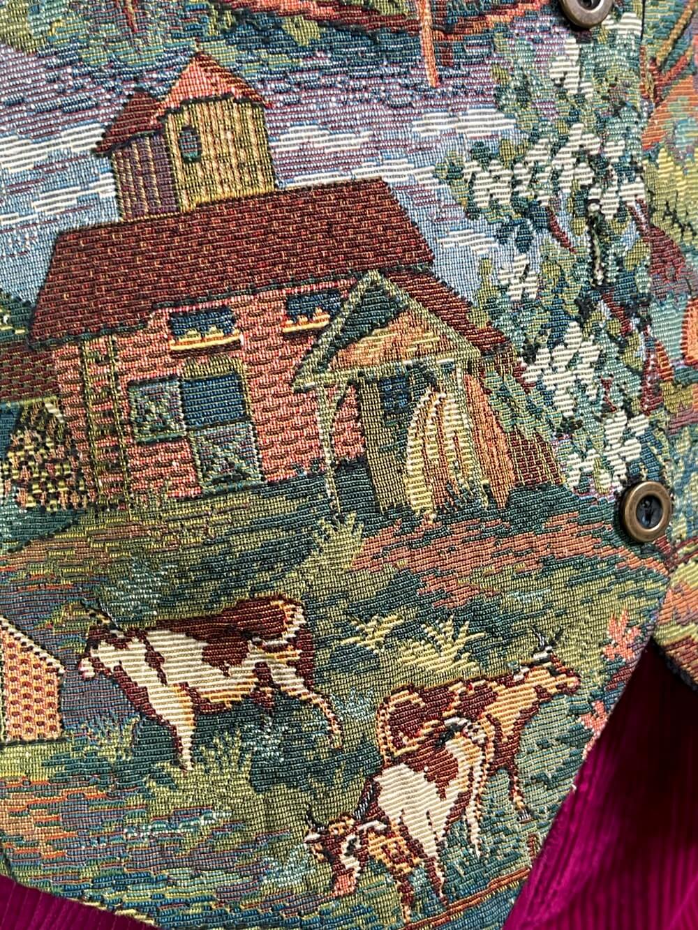 Vintage Tapestry Village Scene Vest with Cows
