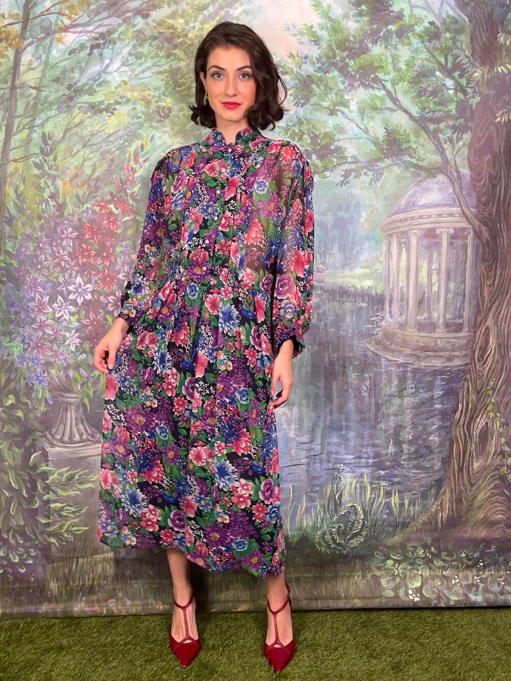 Vintage Floral Pleated Midi Dress