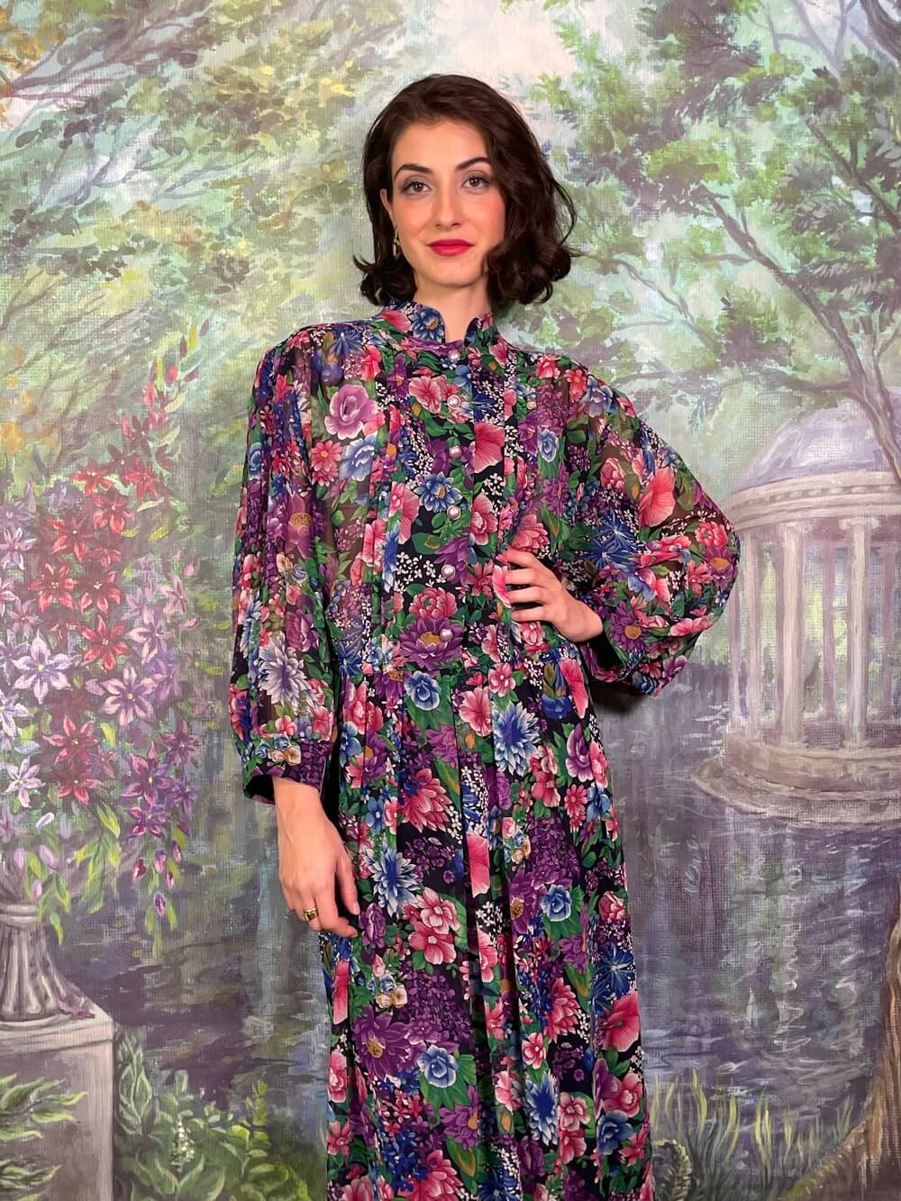 Vintage Floral Pleated Midi Dress