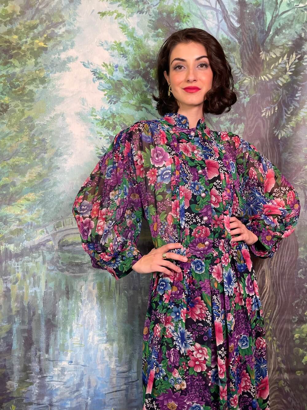 Vintage Floral Pleated Midi Dress