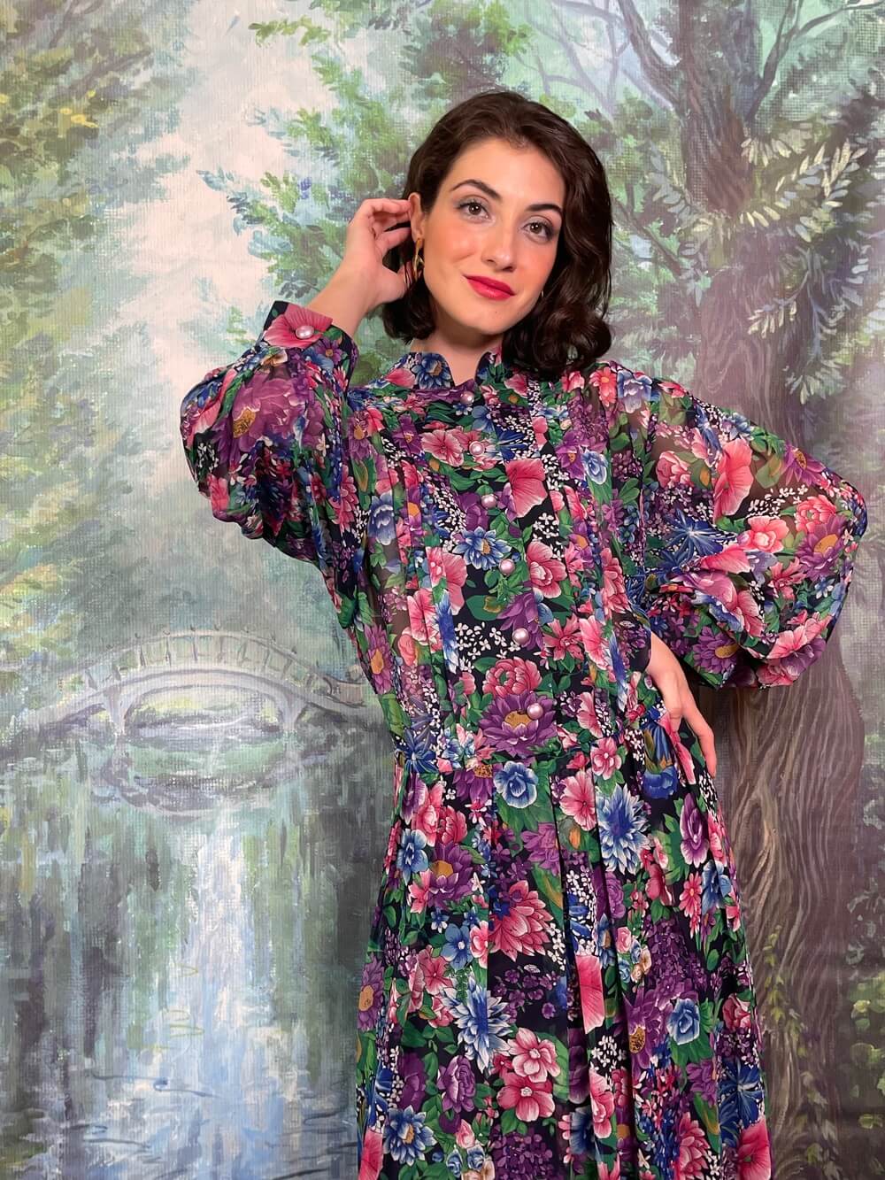 Vintage Floral Pleated Midi Dress