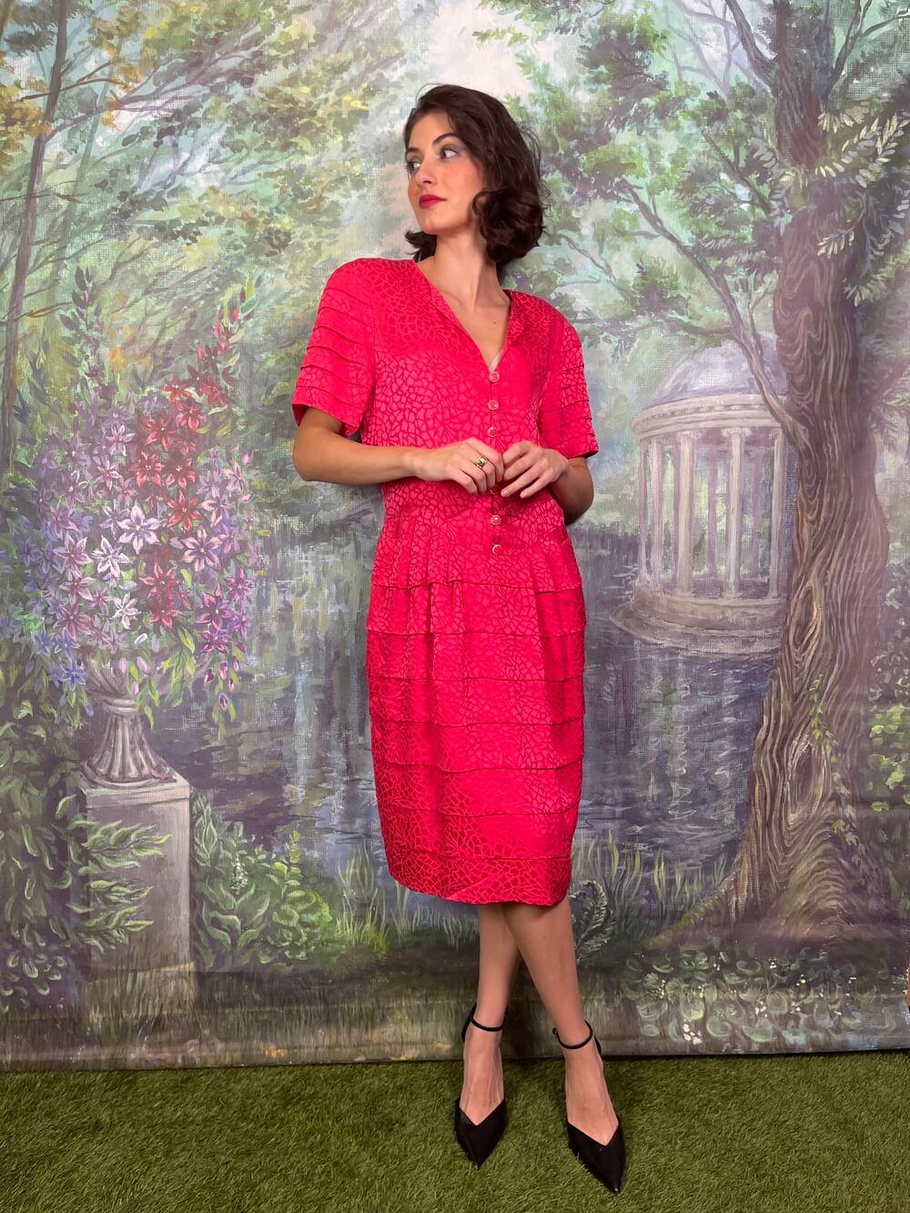 Vintage Deadstock Pink Jacquard Button Dress