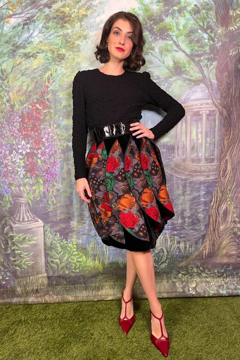 Vintage David Molho Bubble Skirt with Floral Paisley Panels and Velvet