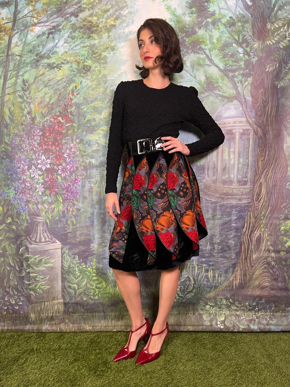 Vintage David Molho Bubble Skirt with Floral Paisley Panels and Velvet