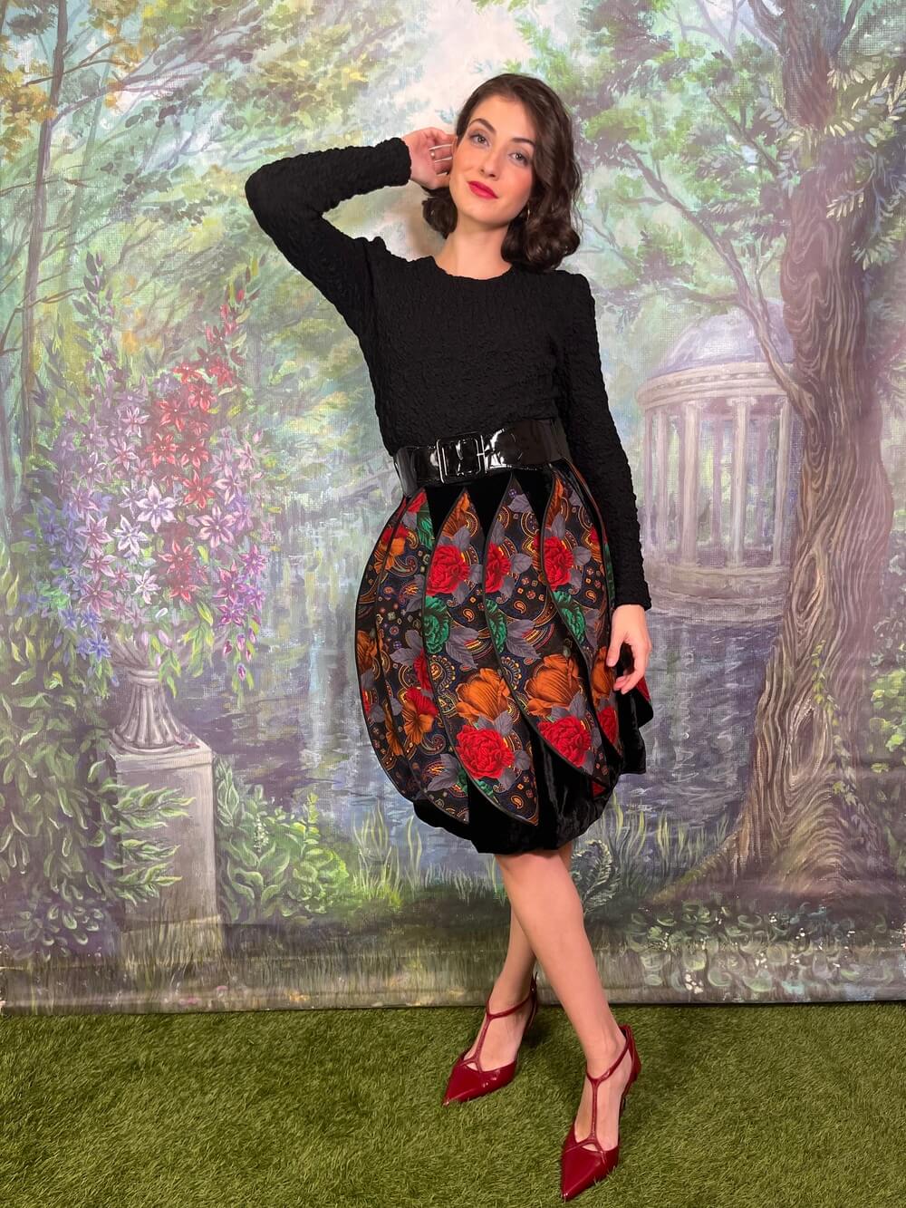 Vintage David Molho Bubble Skirt with Floral Paisley Panels and Velvet