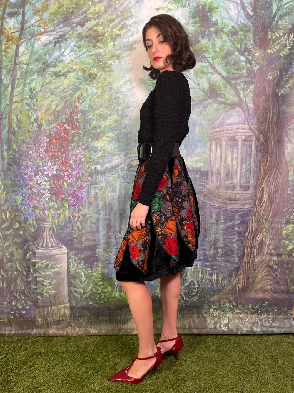 Vintage David Molho Bubble Skirt with Floral Paisley Panels and Velvet