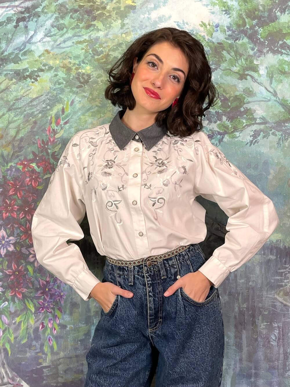 Vintage Embroidered Floral White Gray Blouse