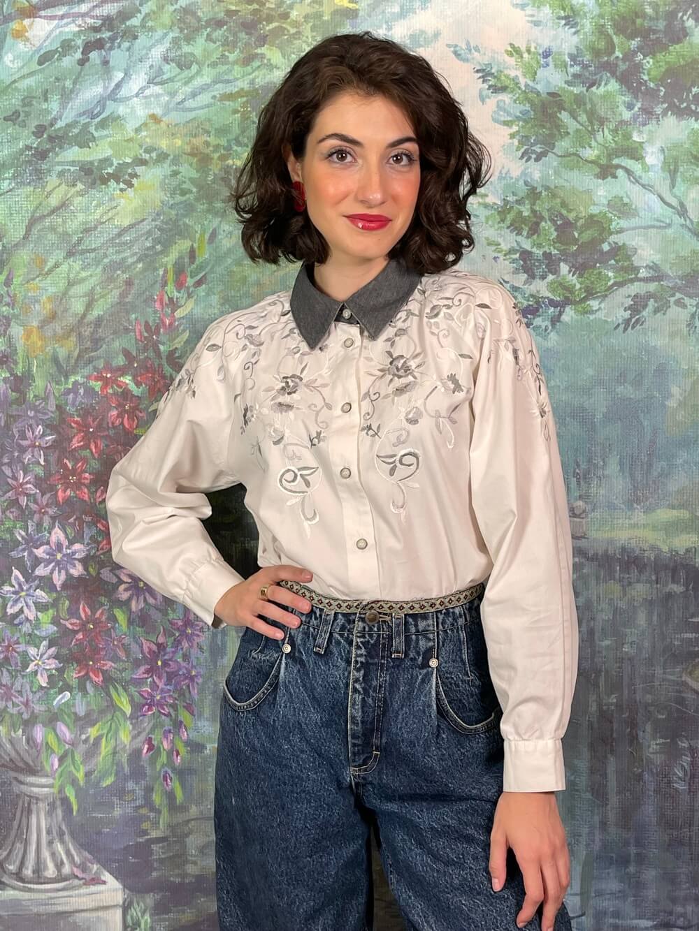 Vintage Embroidered Floral White Gray Blouse