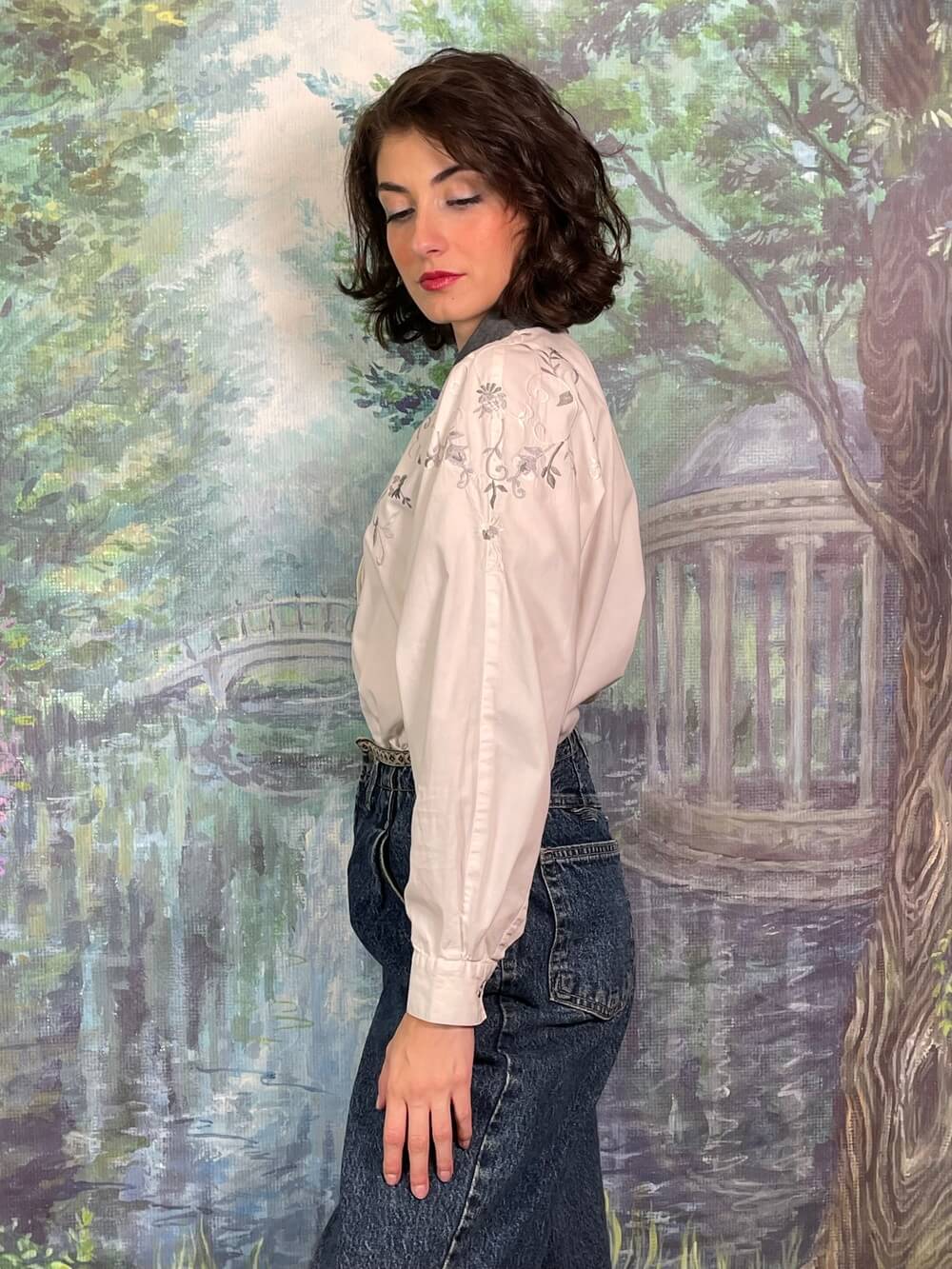 Vintage Embroidered Floral White Gray Blouse