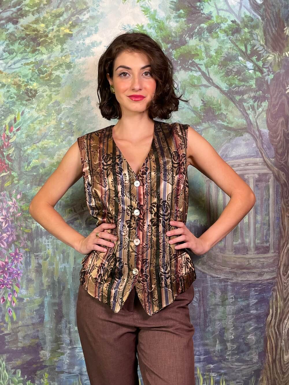 Vintage Striped Brocade Waistcoat with Pearl Buttons