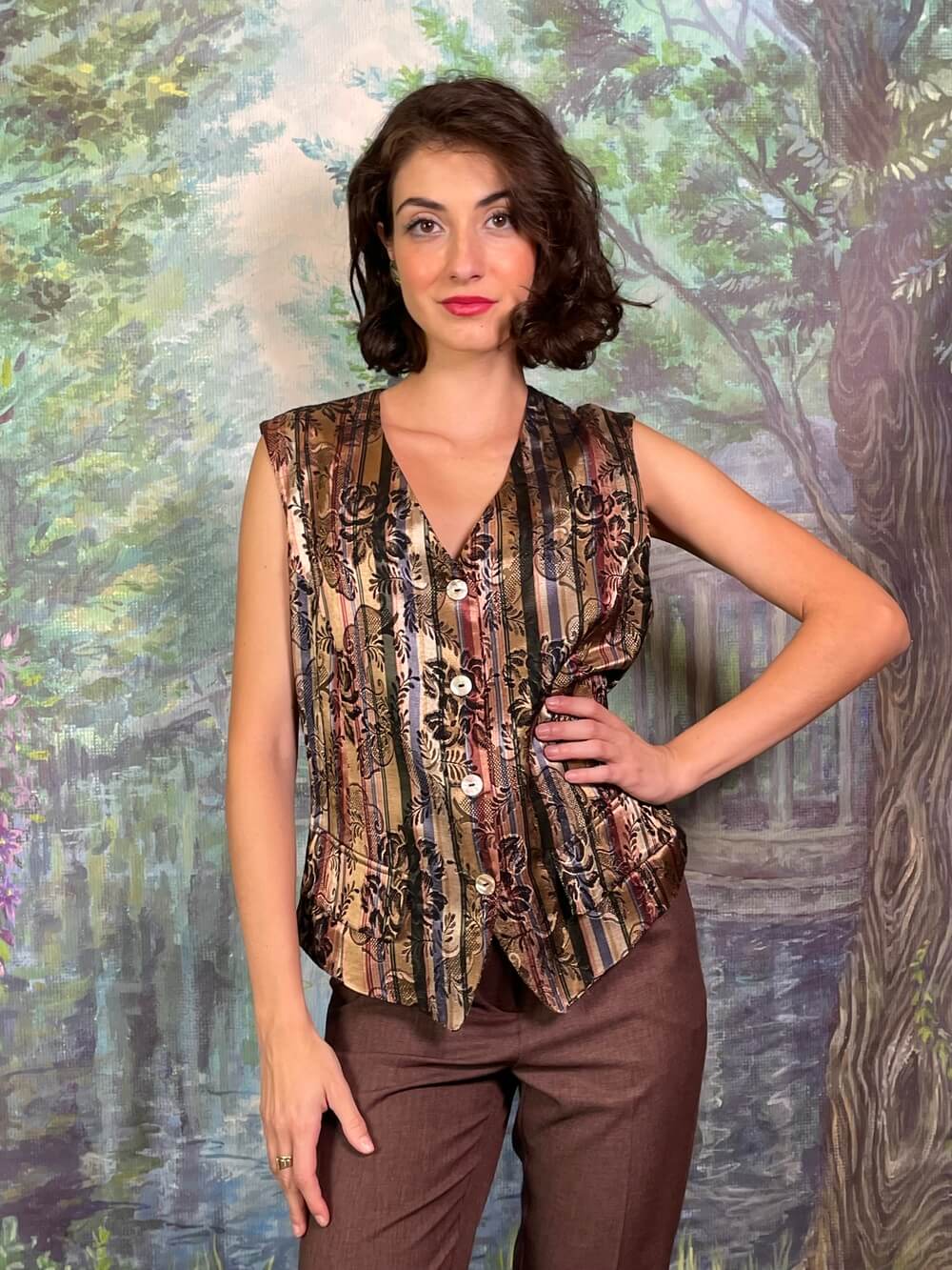 Vintage Striped Brocade Waistcoat with Pearl Buttons