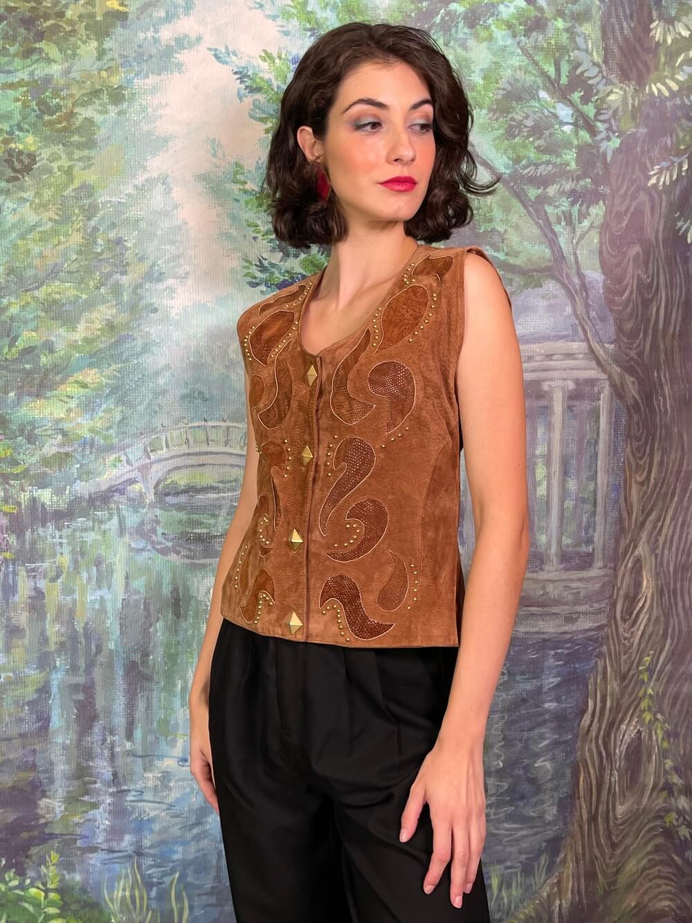 Vintage Suede Cut-Out Vest with Gold Studs