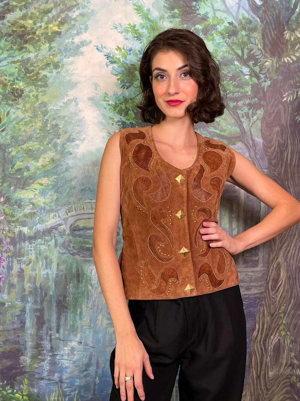 Vintage Suede Cut-Out Vest with Gold Studs