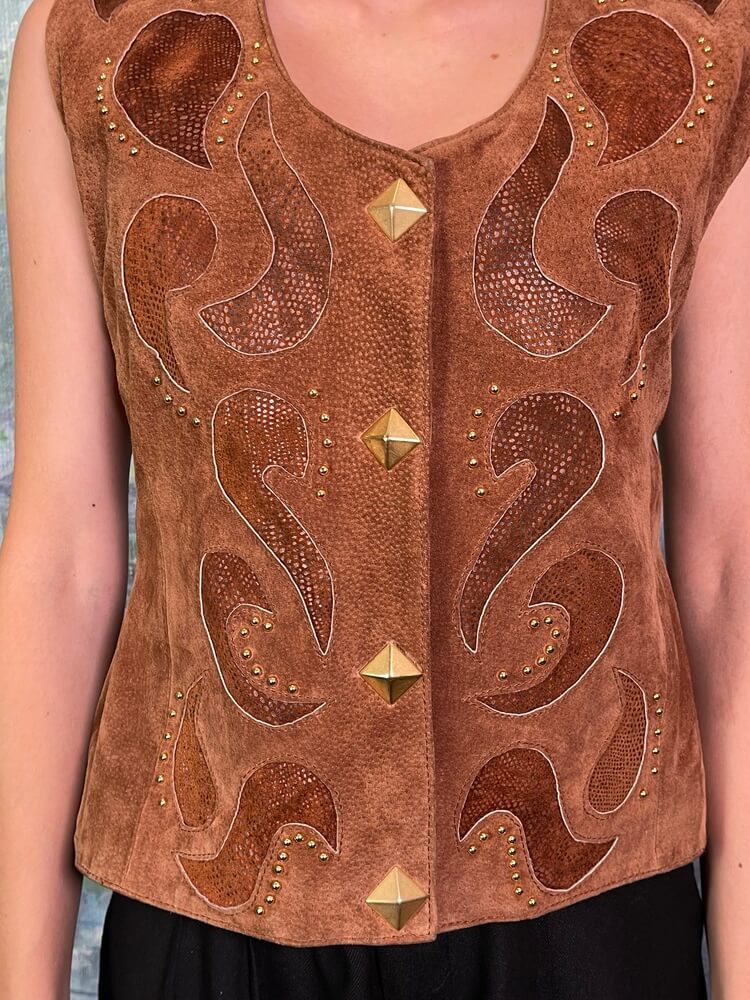 Vintage Suede Cut-Out Vest with Gold Studs