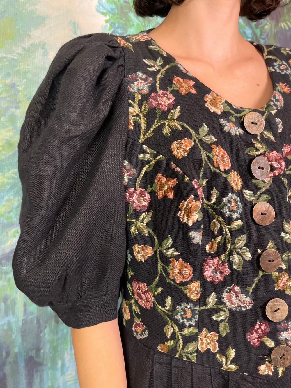 Vintage Austrian Puff Sleeve Black Dress with Tapestry Floral Bodice