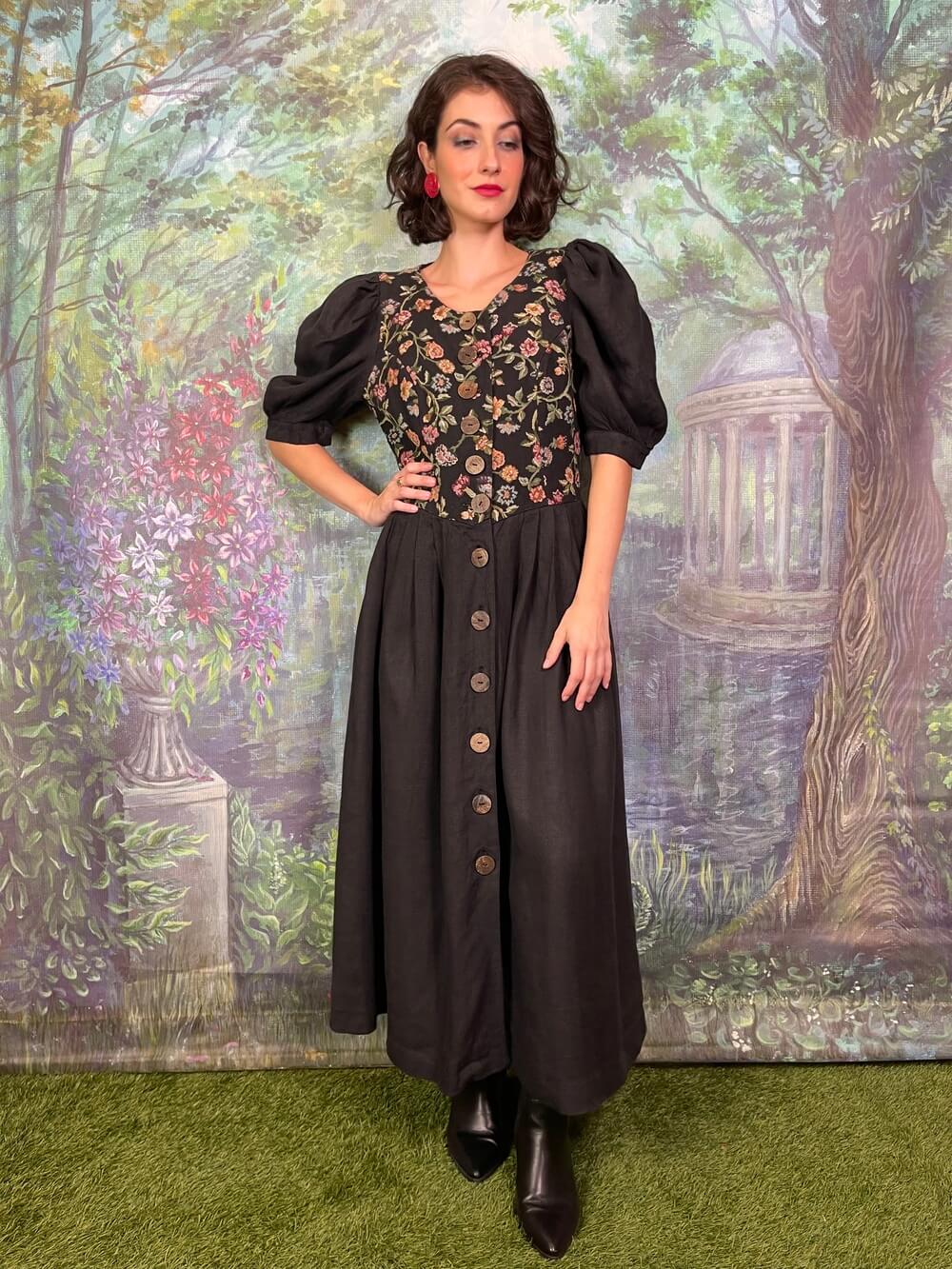 Vintage Austrian Puff Sleeve Black Dress with Tapestry Floral Bodice