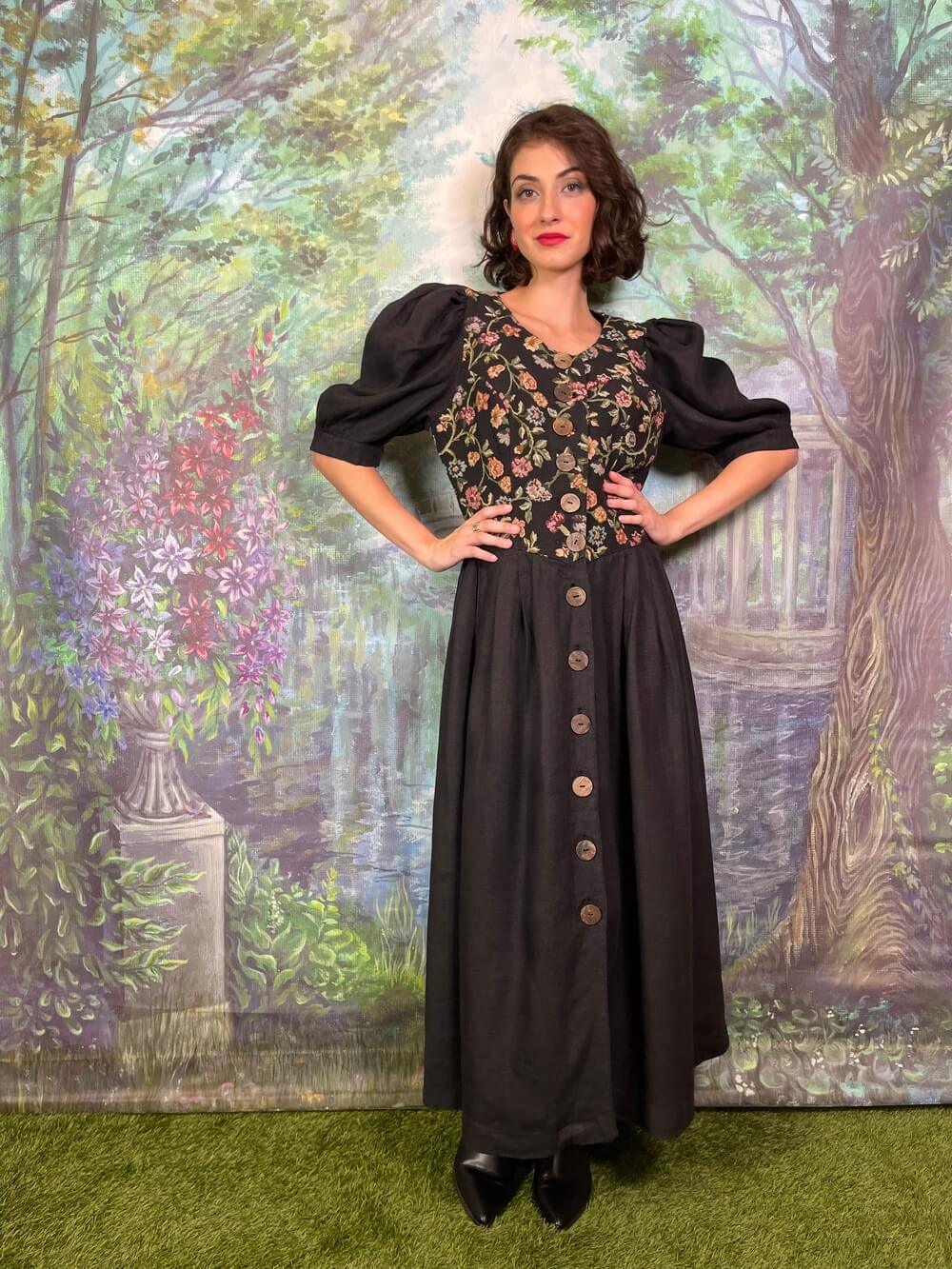 Vintage Austrian Puff Sleeve Black Dress with Tapestry Floral Bodice
