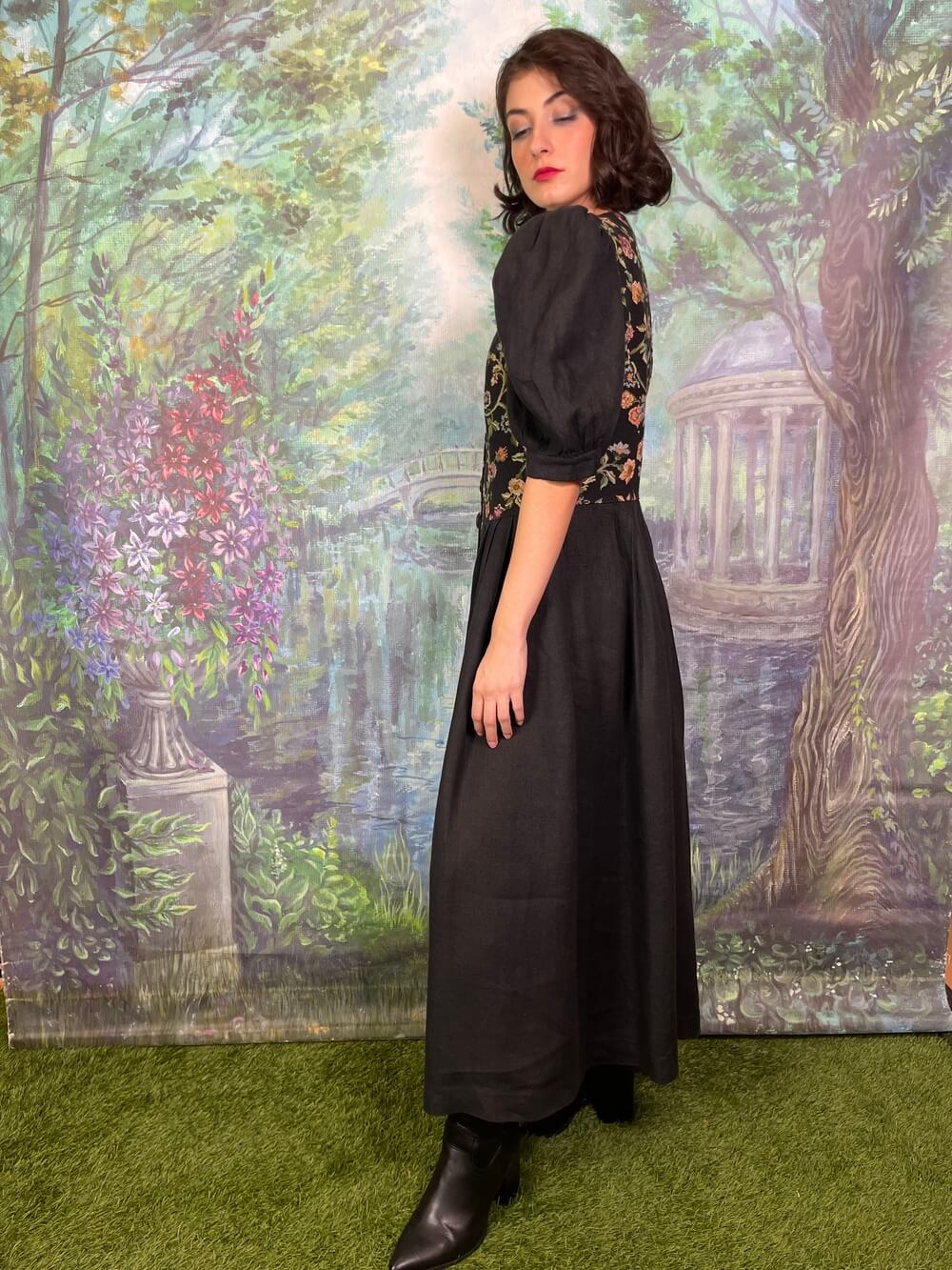 Vintage Austrian Puff Sleeve Black Dress with Tapestry Floral Bodice