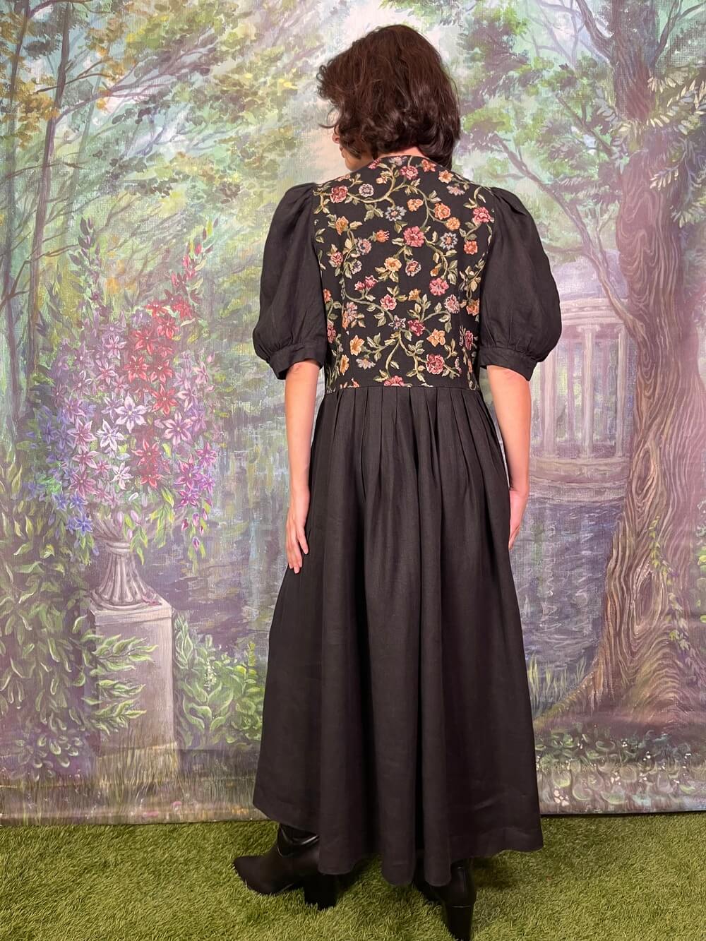 Vintage Austrian Puff Sleeve Black Dress with Tapestry Floral Bodice