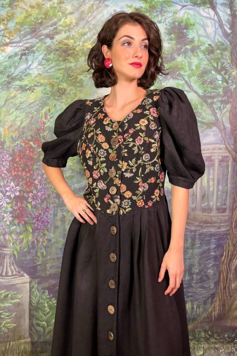 Vintage Austrian Puff Sleeve Black Dress with Tapestry Floral Bodice