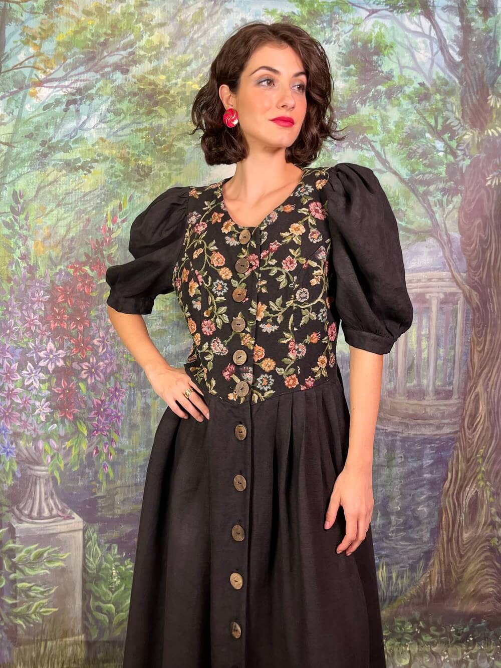 Vintage Austrian Puff Sleeve Black Dress with Tapestry Floral Bodice