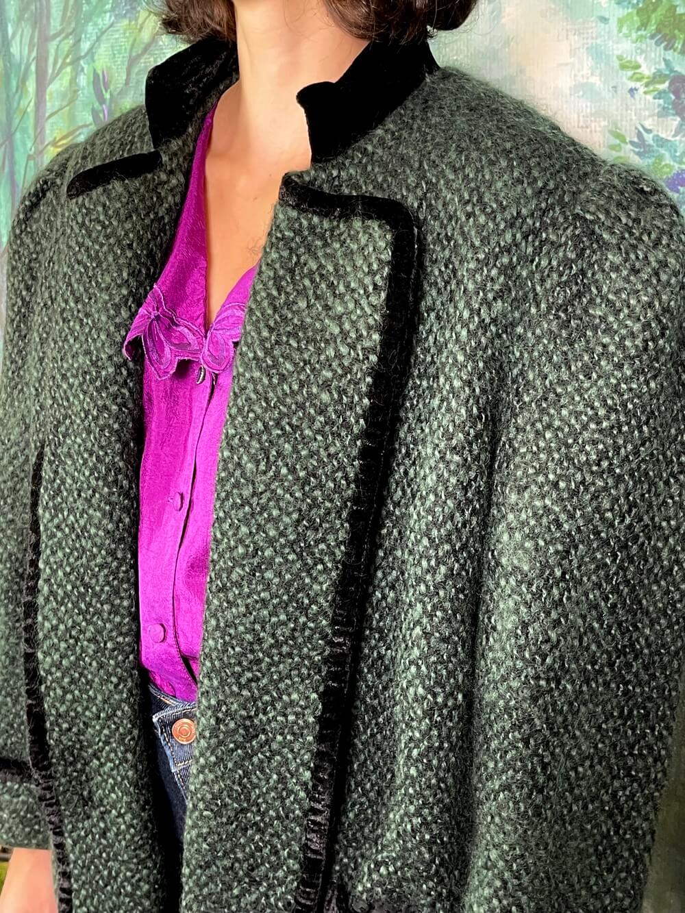 Vintage Helene Straber Austrian Wool Green Jacket with Black Velvet Trim