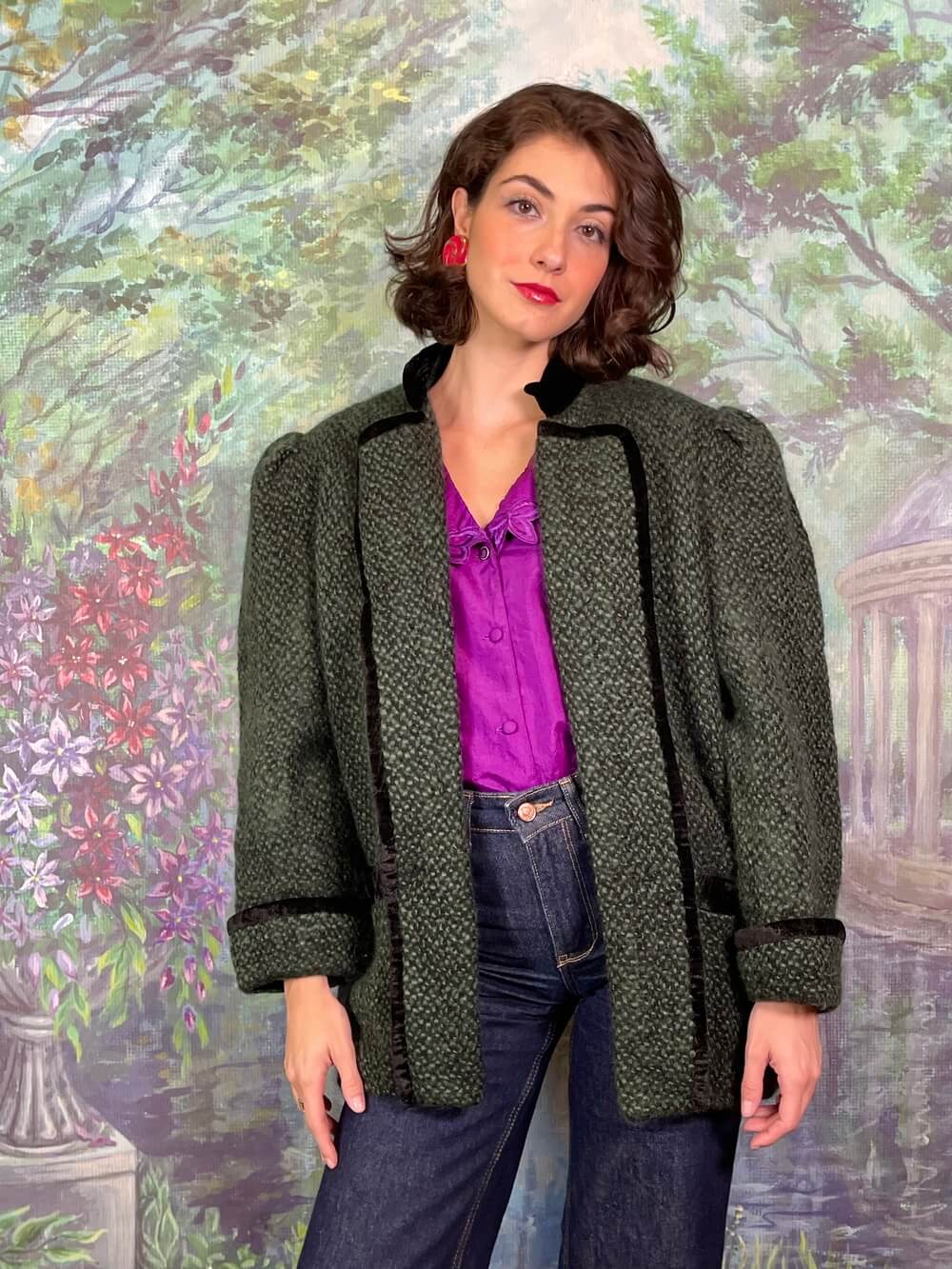 Vintage Helene Straber Austrian Wool Green Jacket with Black Velvet Trim