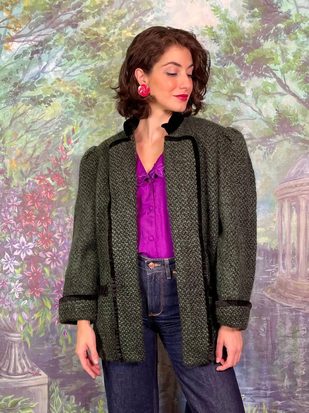 Vintage Helene Straber Austrian Wool Green Jacket with Black Velvet Trim