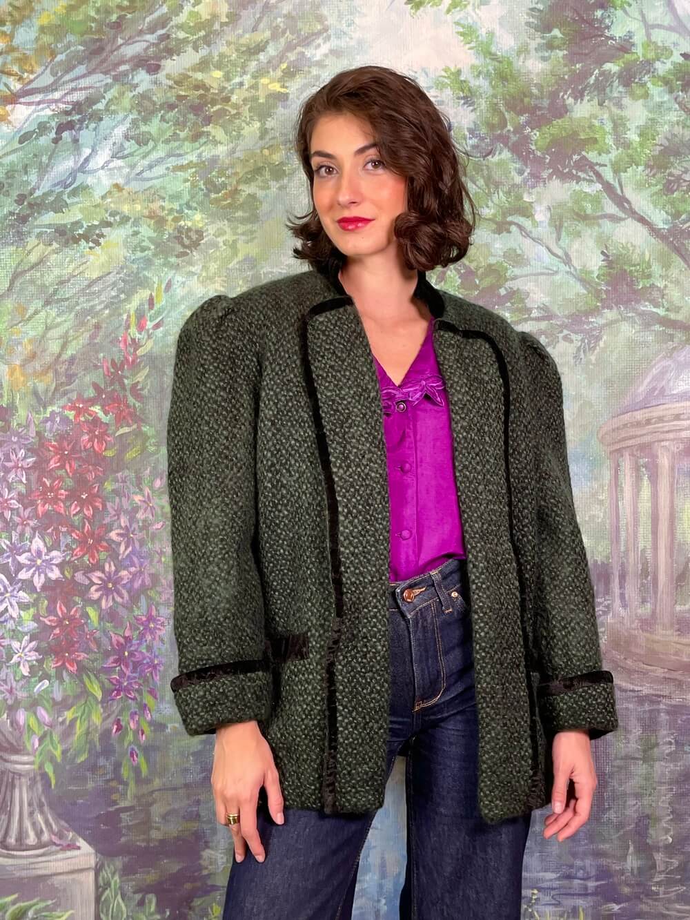 Vintage Helene Straber Austrian Wool Green Jacket with Black Velvet Trim