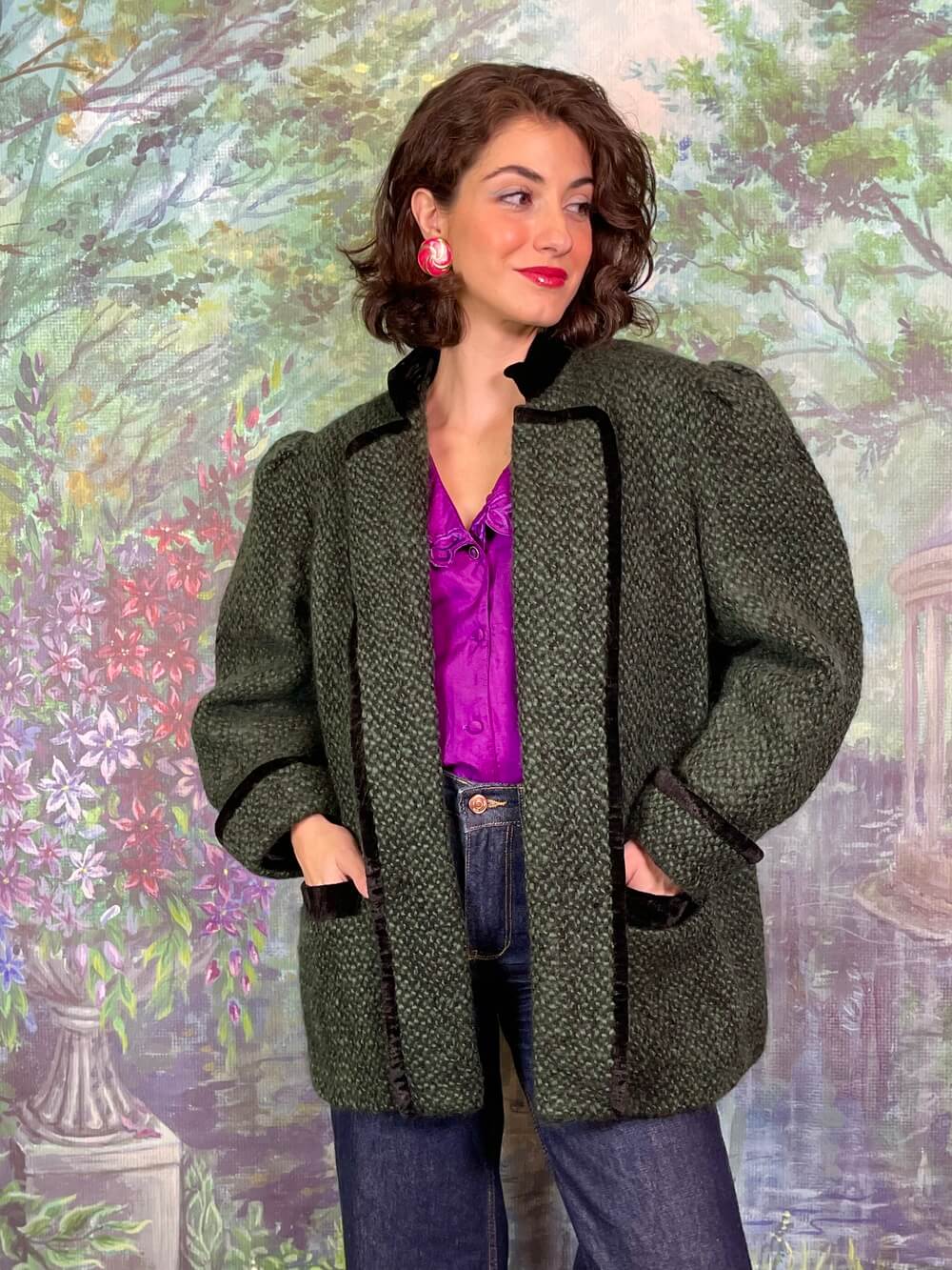 Vintage Helene Straber Austrian Wool Green Jacket with Black Velvet Trim